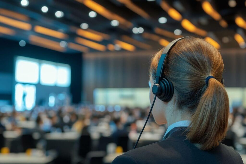 Osoba w słuchawkach podczas konferencji, gdzie odbywają się tłumaczenia symultaniczne.