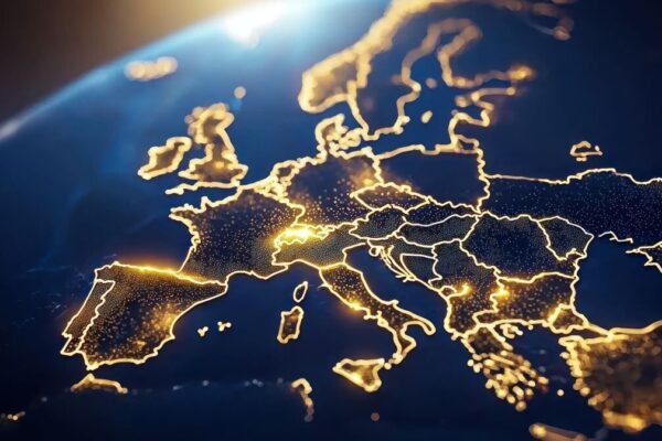 Mapa Europy w stylu futurystycznym, symbolizująca współpracę międzynarodową i tłumaczenia dla instytucji.