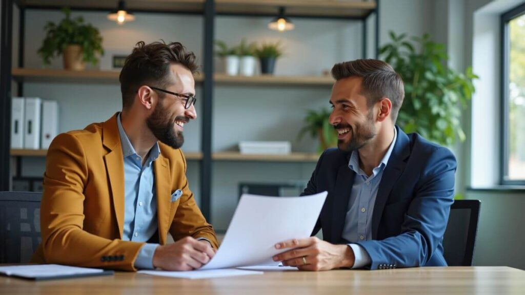 Dwóch mężczyzn w garniturach omawia tłumaczenia indywidualne przy biurku.