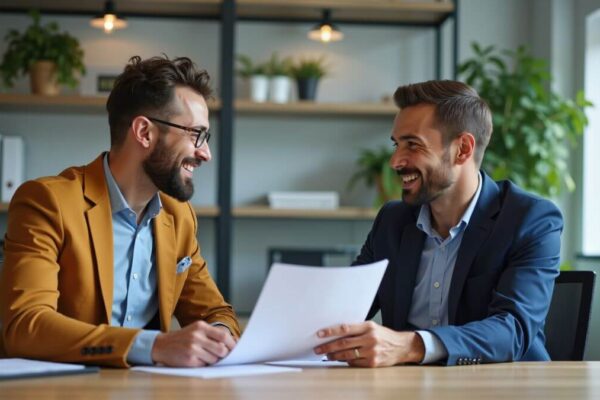 Dwóch mężczyzn w garniturach omawia tłumaczenia indywidualne przy biurku.