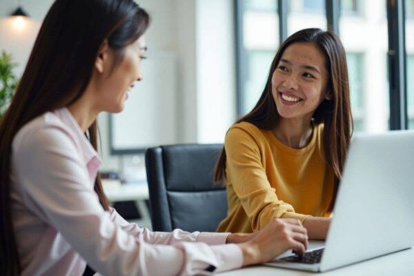 Dwie kobiety rozmawiają przy biurku, wykonując przekład ustny.